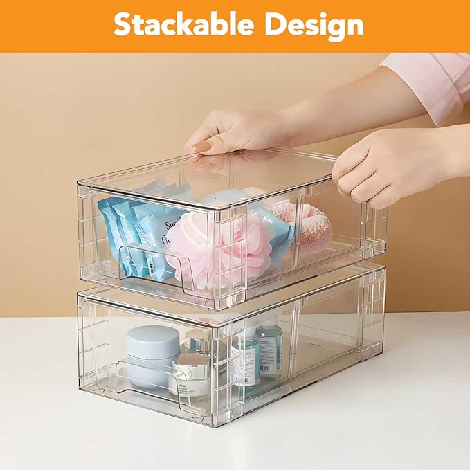 4 Pack Stackable Storage Drawers with Handles, Easy Assembly Clear Acrylic Fridge Organizer, Refrigerator Organizers and Storage for Kitchen, Under Sink, Pantry, Bathroom
