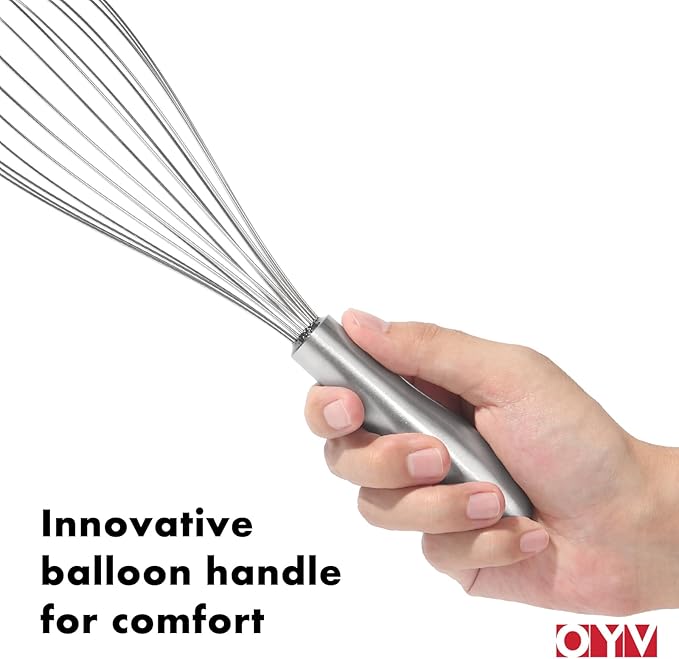 OYV 12" Whisk for Cooking, Ergonomic Handle, Dishwasher Safe 18/10 Stainless Steel Whisk, Professional Kitchen Wire Whisk, Perfect for Blending, Whisking, Baking, and Beating