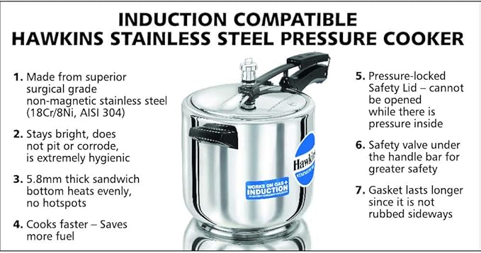Hawkins 6 Litre Inner Lid Pressure Cooker, Stainless Steel Cooker, Induction Cooker, Silver (Hss60), 6 Liter
