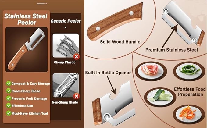1 PCS Multi-Functional Vegetable Peeler with Wooden Handle, Stainless Steel Blade Fruit Peeler with Bottle Opener, Comfortable Non-Slip Kitchen Peeler for Potato, Pumpkin, Papaya & More (1)