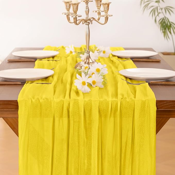 Socomi 10pcs Yellow Cheesecloth Table Runner Boho Rustic Gauze 120 inch 10FT Cheese Cloth Runner for Wedding Party Baby Shower Birthday Home Decor Holiday Decorations