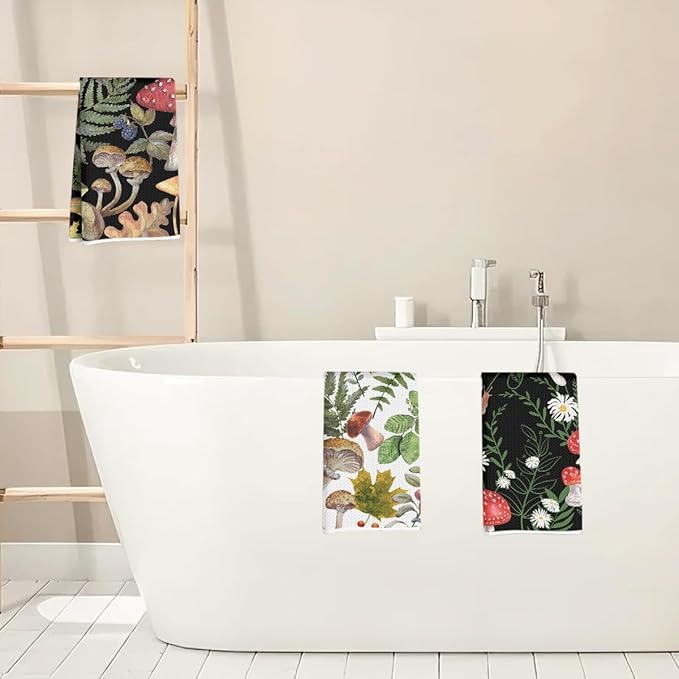 3Pcs Mushroom Kitchen Towels 24x14 Inch, Absorbent Microfiber Dish Towels, Snail Floral Waffle Weave Hand Tea Towels for Kitchen Home Bathroom Farmhouse Decor, Cute Mushroom Gifts for Women Mom