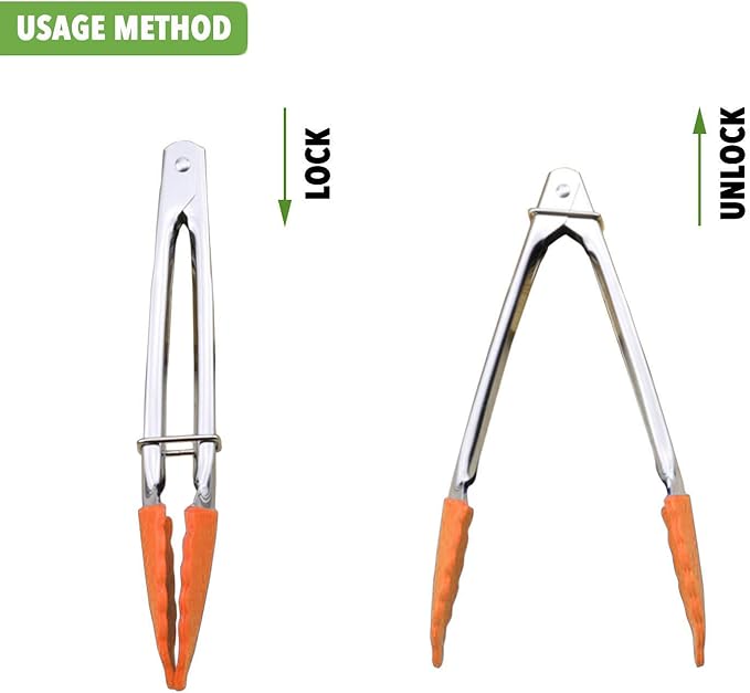 HINMAY Appetizer Tongs 7-Inch Silicone Tipped Kitchen Tongs, Set of 3 (Orange)