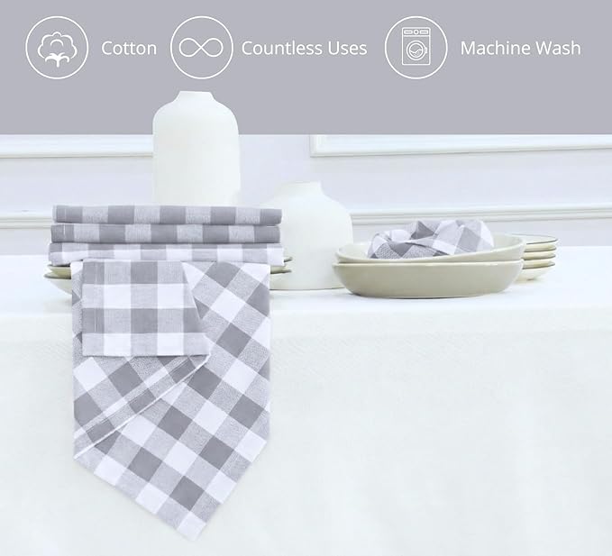 PurpleEssences Buffalo Plaid Cloth Napkins - Mitered Corners - Spring Easter Summer - Gingham Check Dinner Napkin - Set of 12-100% Cotton - 18x18 Inch - Reusable Washable - Grey and White
