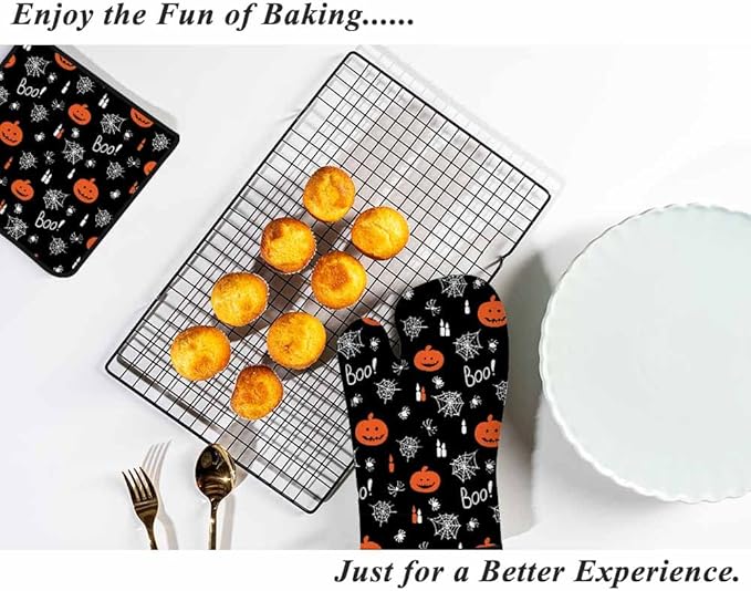 Halloween Oven Mitts and Pot Holders Sets Jack Lantern Pumpkins Candles Spiders Boo Heat Resistant 3pcs for Cooking Baking BBQ
