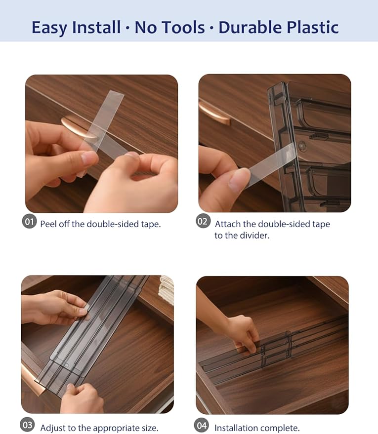 Smoky Gray Drawer Dividers with Non-Slip Adhesive, 5 Pack Adjustable Drawer Dividers for Clothes & Makeup, 3.15" Deep Plastic Drawer Separators for Dresser, Office Desk & Bathroom Cabinet