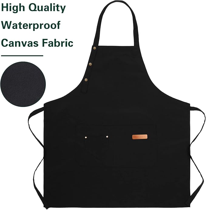 Apron for Men Women with Adjustable Straps and Large Pockets, Canvas Cotton Cooking Kitchen Chef Bib Aprons Waterproof Black