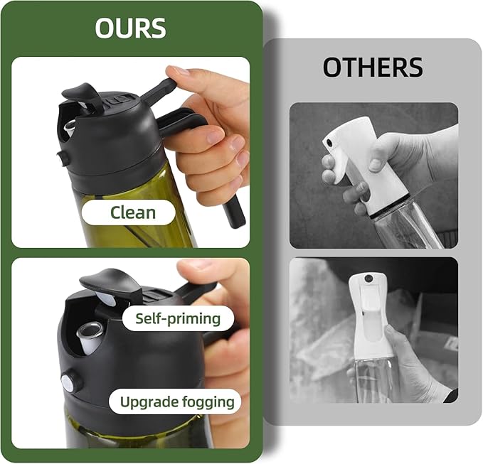 Aovdy Oil Sprayer for Cooking 16oz,2 in 1 Olive Oil Dispenser and Oil Sprayer - 470ml Olive Bottle Spray and Pour - Glass Oil Dispenser for Kitchen Cooking Salad BBQ (2PCS-Light-Proof Black & Green)