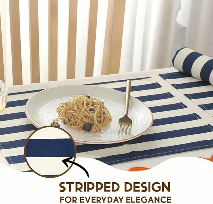 Folkulture Placemats Set of 4 (13 x 18) | 100% Cotton,Cute, Heat Resistant,Machine Washable Striped Place Mats | Blue & White Rectangular Cloth Table Placemats or Dining Table Mats for Dinner Party