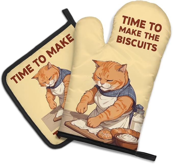 DYJYBMY Time to Make The Biscuits Funny Cat Oven Mitts and Pot Holder Set, Cute Kitchen Gadgets for Women Cat Lover, Housewarming Gifts for Hostess Cat Mom, Bake Lover Gifts for Mom Wife Sister BFF