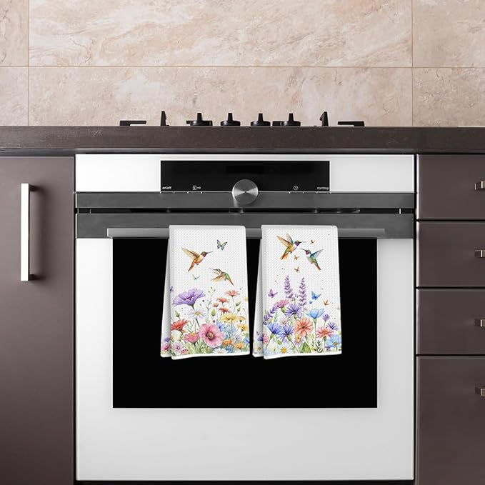 2 Pcs Vibrant Floral Kitchen Towels, Spring Bird Decorative Absorbent Microfiber Dish Cloth Tea Towel, Waffle Soft Hand Towels for Farmhouse Home Bathroom Decor, Housewarming Gifts