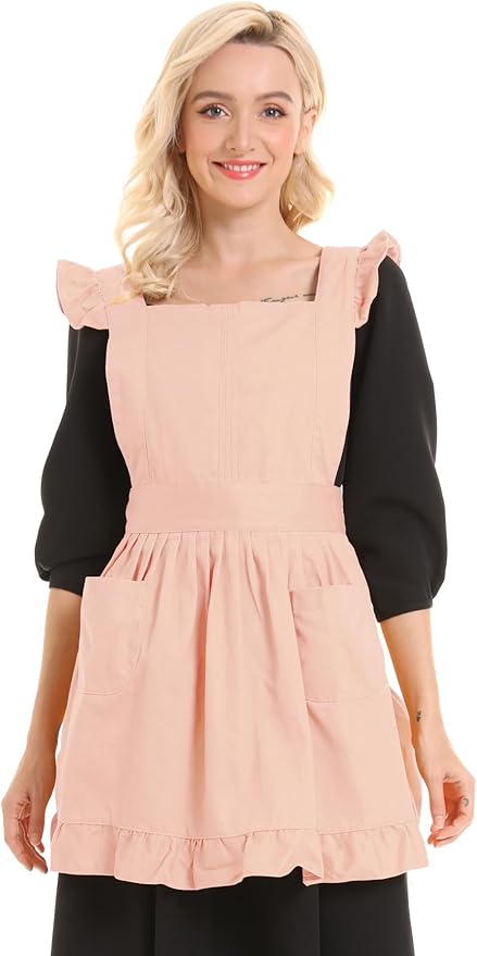 Retro Adjustable Ruffle Apron Kitchen Cooking Baking Cleaning Maid Costume (Pale Peach)