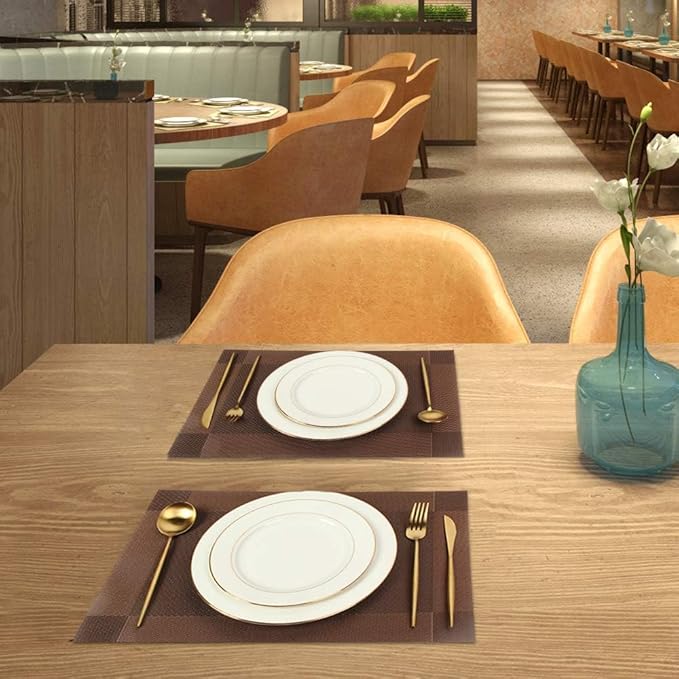 DACHUI Heat-Resistant Placemats Stain Resistant Anti-Skid Washable PVC Table Mats Woven Vinyl Placemats (4pcs, Brown-Cross)