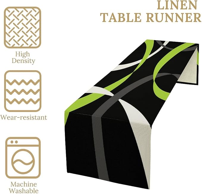 Abstract Geometric Table Runner Green Grey and White Striped Black Background Modern Kitchen Dinner Runner for Indoor Home Living Room Party Dining Table Decoration 13"x108"