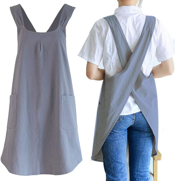 NEWGEM Japanese Cotton Linen Cross Back Cooking Apron for Women Men with Pockets Cute for Baking Kitchen
