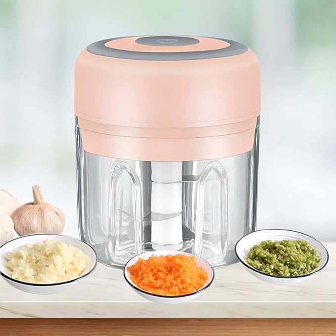 Mini Electric Food Processor & Garlic Chopper, 250ML USB Rechargeable, One-Touch Cordless Chopper with 3 Stainless Steel Blades for Garlic, Onion, Vegetables & Baby Food (Pink)