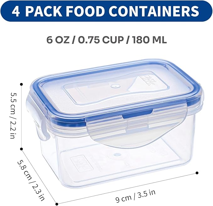 KIGI Small Food Storage Containers with Airtight Lids, 4-Sided Locking Lids, Reusable BPA-Free Plastic, Leakproof for Snack, Lunch, Meal Prep, Portion Control & Purees, 6 oz / 0.75 Cup, 8 Piece Set