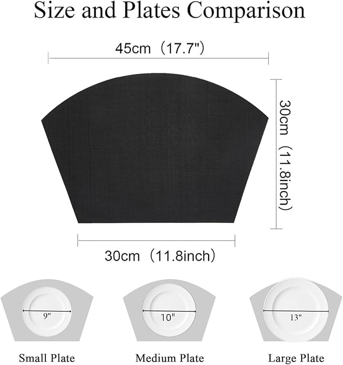 SHACOS Wedge Placemats Set of 8 Woven Vinyl Placemats for Round Table Curved Place Mats Wipe Clean Non Slip Reversible Table Mats Indoor Outdoor, Black