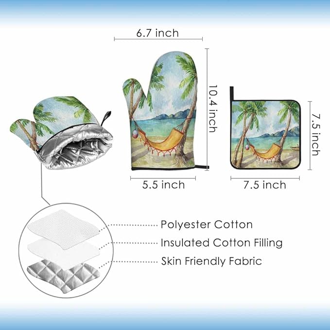 Summer Beach Oven Mitts and Pot Holders Sets Tropical Palm Tree Hammock Heat Resistant 3pcs for Cooking Baking BBQ