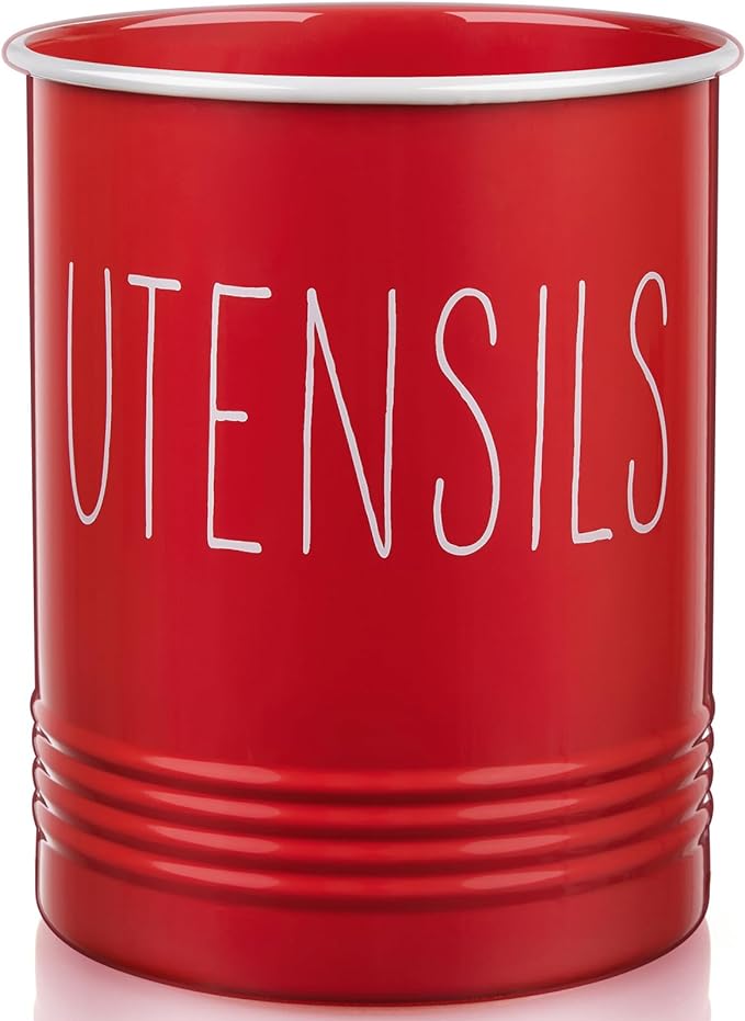 Bivvclaz Kitchen Utensil Holder - 6.7" Utensil Holder for Kitchen Counter - Cooking Utensil Crock with Cork Bottom - Red Decor and Accessories - Countertop Utensil Storage Caddy Organizer