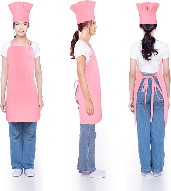 Chef Apron and Hat set, 2 Pockets Adjustable Cotton Kitchen Cooking Bib Apron, Baker Costume for Men Women