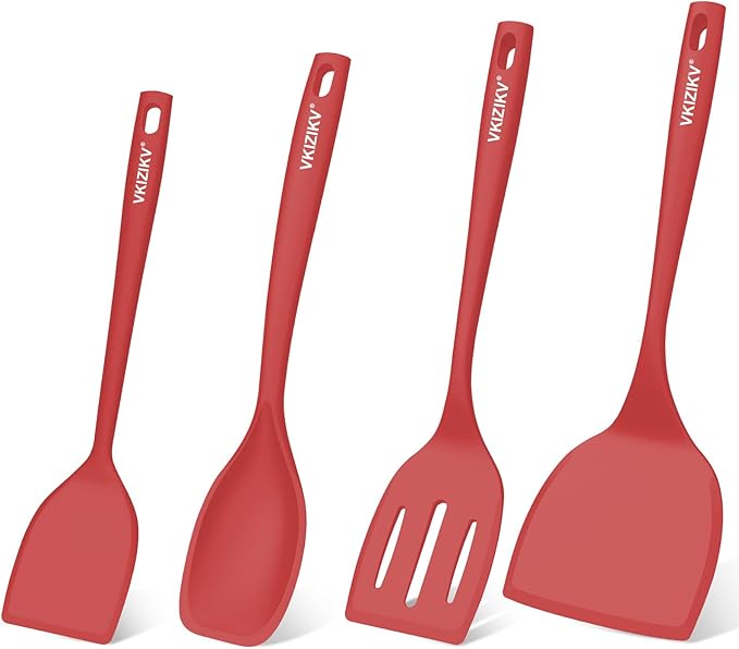 Silicone Spatula Turner Set, 4 Pack, 600°F Heat Resistant Cooking Spatulas, Spoons, BPA Free & Non-Stick Kitchen Utensils, Ideal for Flipping Egg, Pancake, and Serving, Dishwasher Safe (Red)