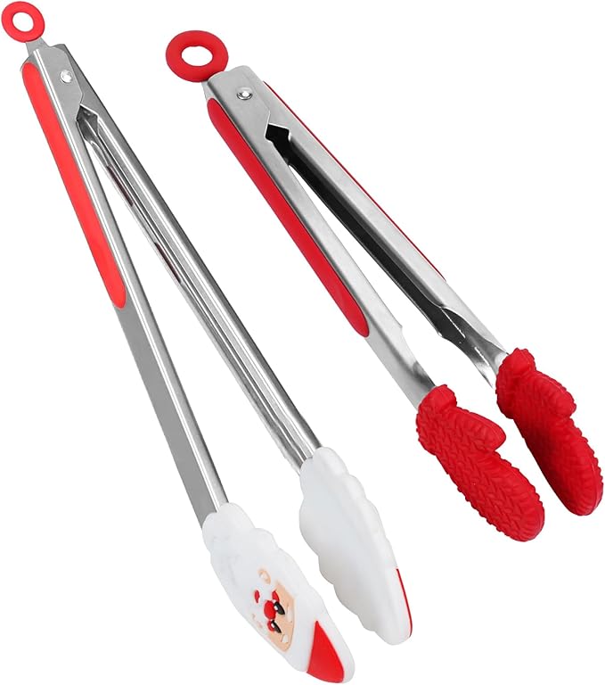 Kitchen Tongs, Premium Stainless Steel, Food-Grade Silicone Tips with Christmas Design, Heat Resistant 500ºF, 2-Piece Set (9'' and 12'')