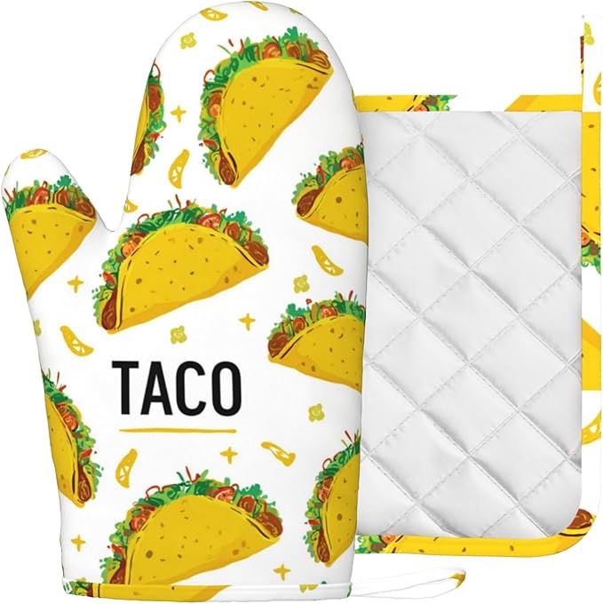 Taco Time Heat-Resistant Oven Mitts and Pot Holder Kitchen Non-Slip Silicone Cooking Microwave Gloves for Cooking Baking Grilling
