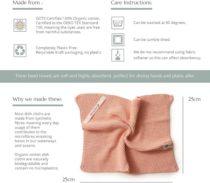 Wild & Stone | Organic Cotton Dish Cloth | Eco-Friendly Kitchen Cloth | Biodegradable & Compostable Cleaning Cloth | Rose