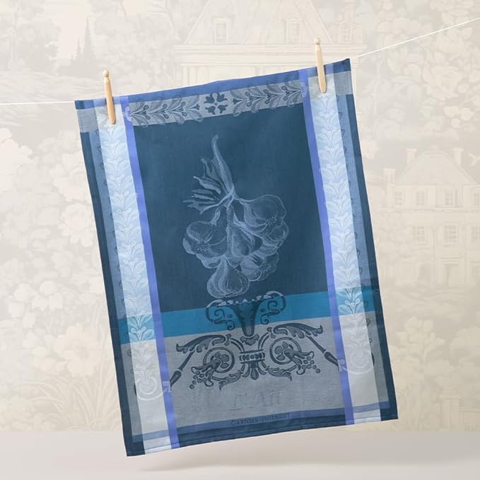 Garnier Thiebaut Ail Blue (Blue Garlic) French Kitchen Towel 22"x30", Cotton, Jacquard