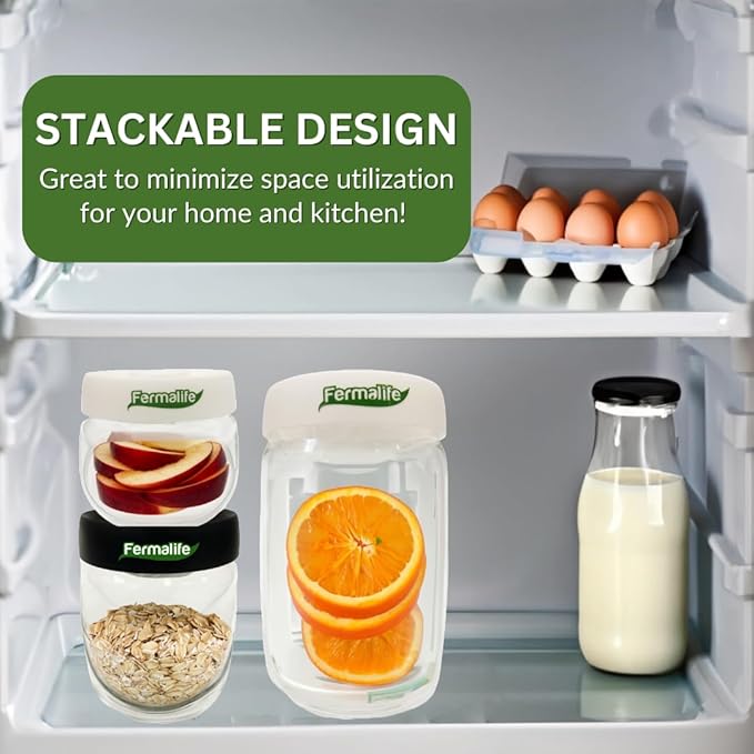 FERMALIFE - Food Storage Jar Containers, Borosilicate Glass Vacuum Seal Lids, Airtight Food Pantry Seal, Flour, Cereal, Pasta, Grains, Oats Canister | Size: 13.5oz, 27oz, 41oz (3pc set - BLACK)