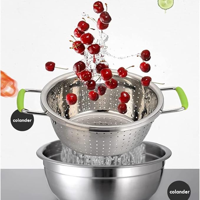 Stainless Steel Deep Colander Micro-perforated 2.5 Quart Metal Food Strainer with Green Silicone Handles for Draining Pasta Cleaning Food like Fruit