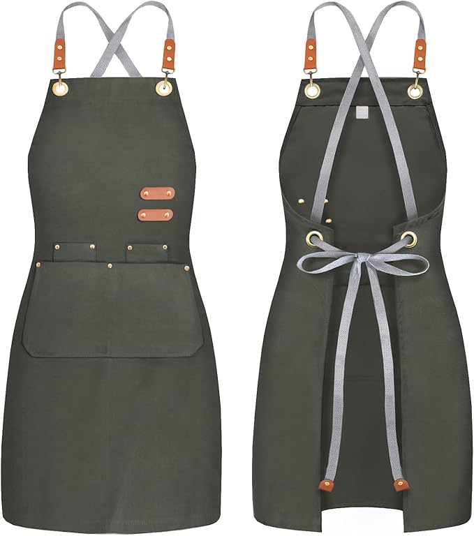 BeLuyi chef apron bib tool apron for man woman cross back straps with 4 pockets for kitchen cooking gardening baking working