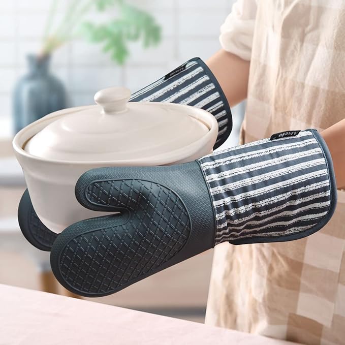 Alselo Silicone Oven Mitts Heat Resistant 932℉ with Waterproof & Non-Slip Kitchen Mittens, Set of 2 Extra Long Oven Gloves with Soft Cotton Terry Lining for Baking Cooking Barbecue