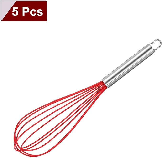 HARFINGTON 5Pcs Silicone Whisk 12" Kitchen Whisk Wire Whisks Beater with Stainless Steel Handle for Egg Milk Whisking Blending Beating & Stirring, Red
