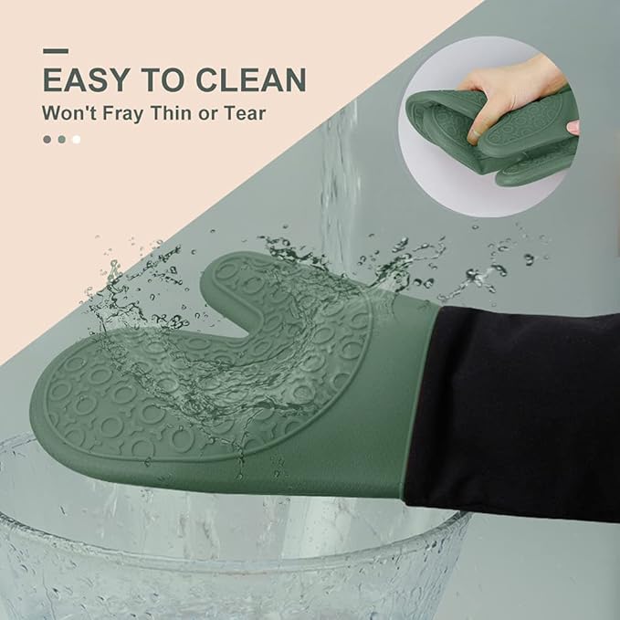 sungwoo 6pcs Silicone Oven Mitts and Pot Holders Sets, 14.6 Inch Heat Resistant Oven Gloves with Quilted Liner Non-Slip Textured Grip Perfect for BBQ, Baking, Cooking and Grilling Green