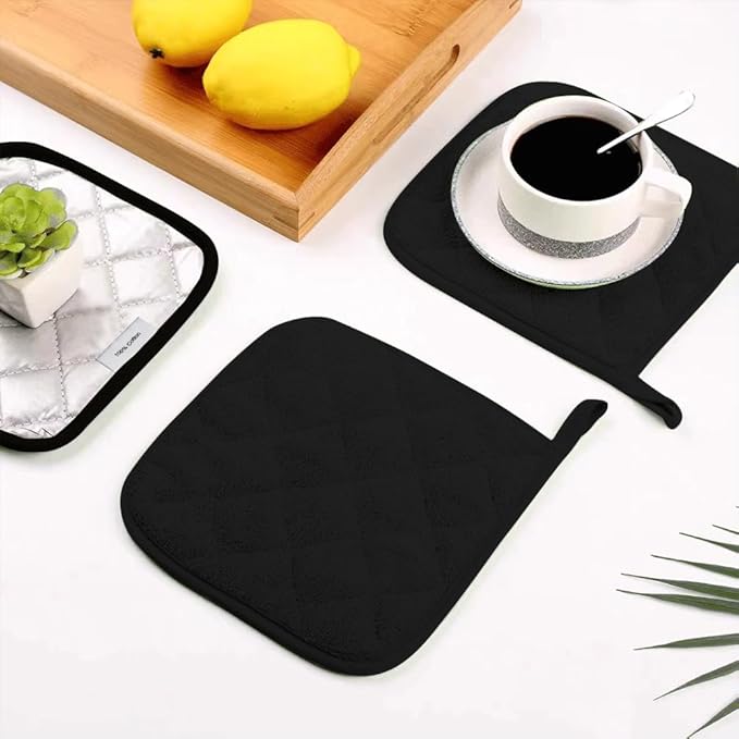 meioro 4-Pack Pot Holders for Kitchen High Heat Resistant Potholder, 100% Cotton Hot Pads, Quilted Terry Hot Pot Holder Set for Kitchens, Washable Trivet for Cooking and Baking 7x7 Inches (Black)