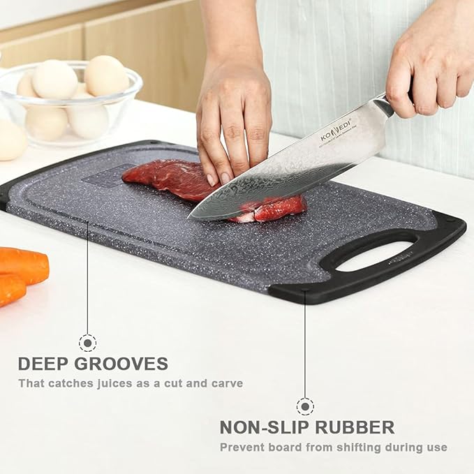 Viretang Plastic Cutting Boards Set of 3 Extra Large for Kitchen, Thick Chopping Board with Deep Juice Grooves, Non‑Slip Feet, Easy Grip Handle, BPA Free, Dishwasher Safe,Black