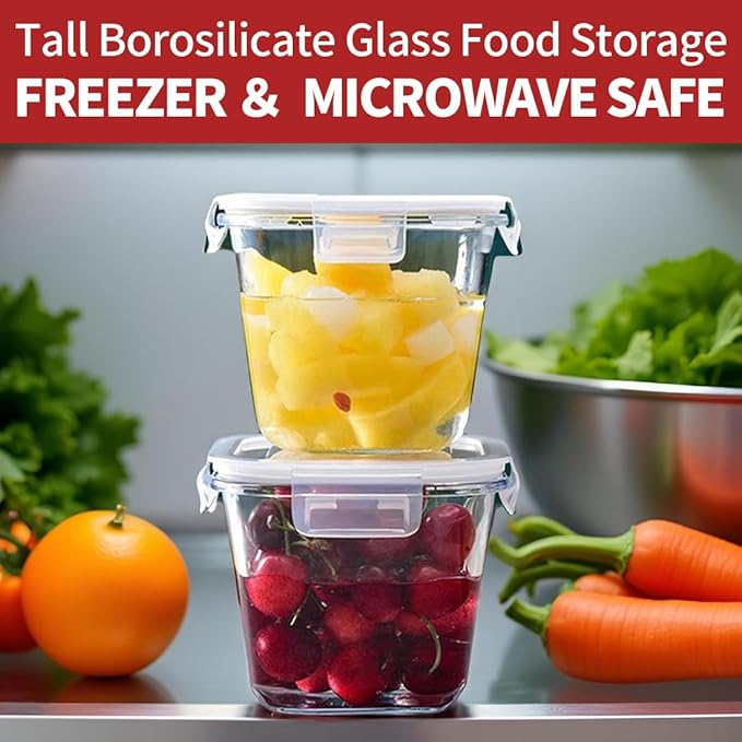 H.JSS WDJS 32oz Square Glass Food Storage Containers with Lids, 4 Cup Glass Soup Containers, Heat-Resistant BPA free Square Meal Prep Bowls for Microwave, Freezer and Dishwasher safe (4Packs)