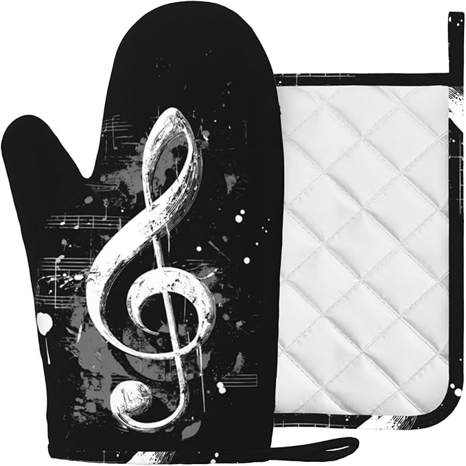 Black Notes Oven Mitts and Pot Holders Sets Non-Slip Silicone Surface for BBQ Gloves,Kitchen,Cooking,Baking,Grilling,BBQ