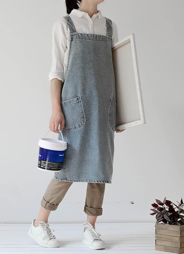 Denim Apron with Large Pockets for Cooking Kitchens, Gardening Aprons for Women Men, Bib Jean Apron for Arts Cafe Work (Style B, Light Blue)