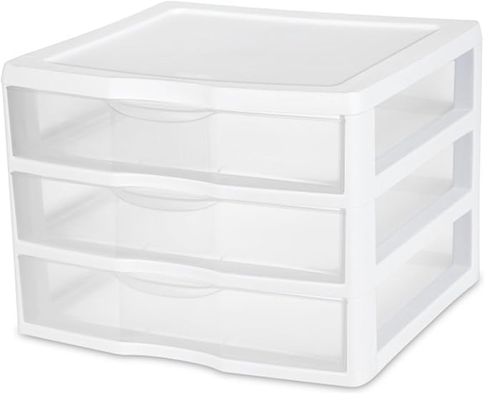 Sterilite 3-Pack Wide 3 Drawer Unit, Plastic Desktop Organizer with Clear Drawers, White Frame - Stackable Multi-Purpose Storage for Office Supplies, Craft Rooms, Classrooms and Home Organization