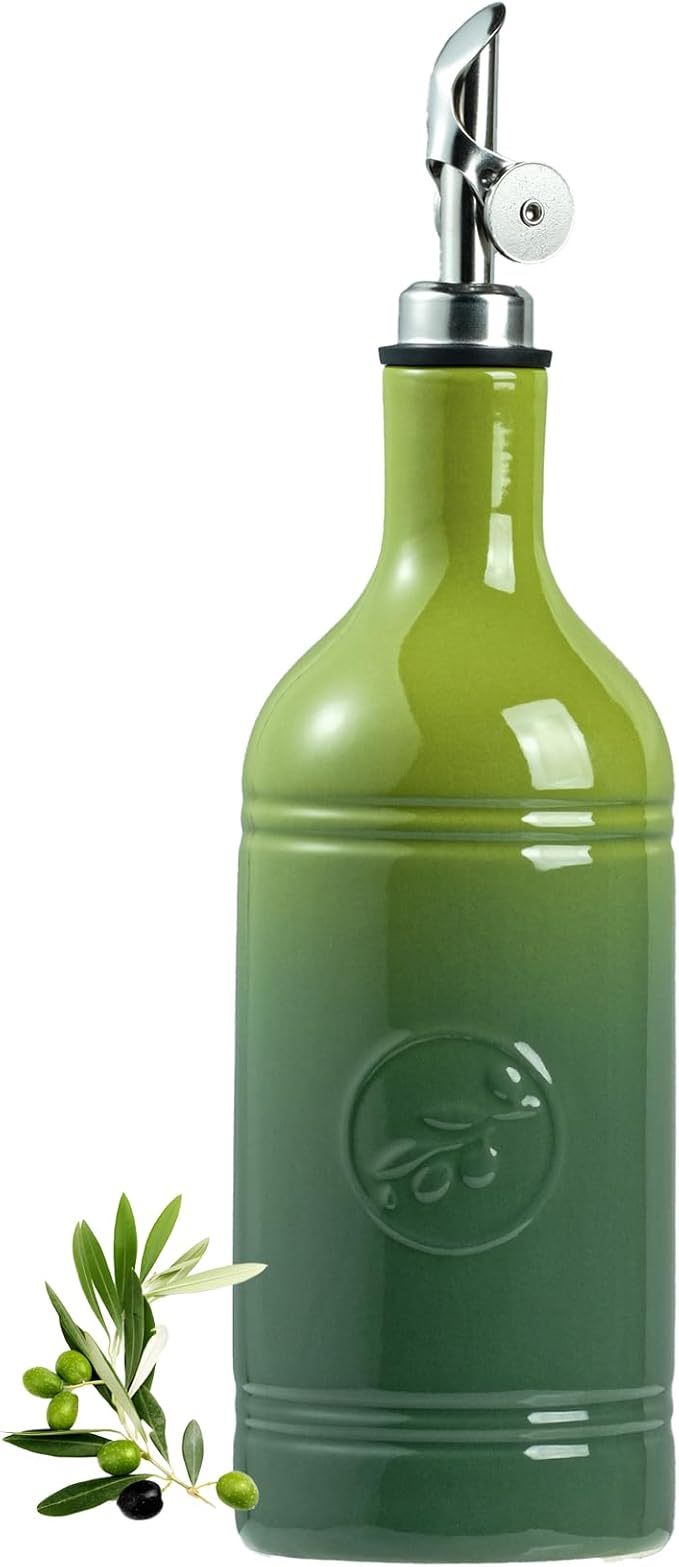 Olive Oil Dispenser Bottle with Spout, 18 oz Ceramic Oil Dispensers for Kitchen, Opaque Cruet, EVOO & Vinegar Bottle with Automatic Stainless Steel Pourer, Pack of 1, Gradient Green