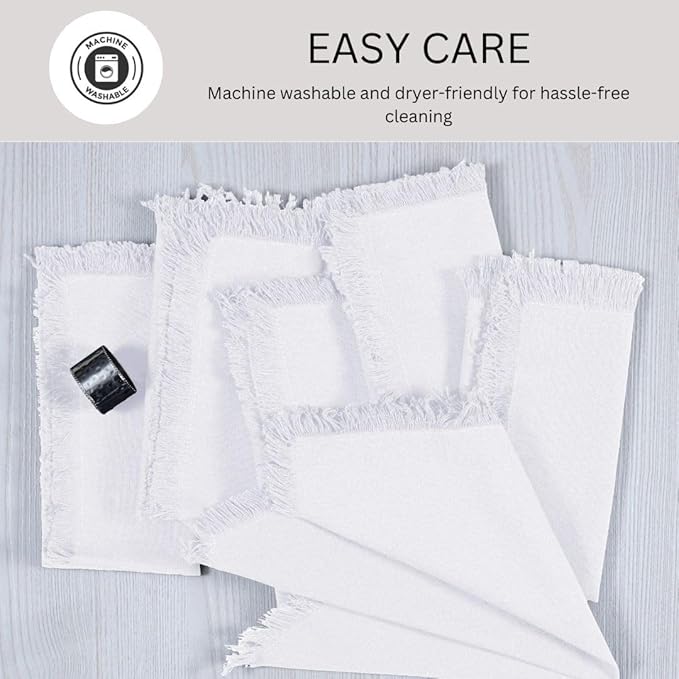 Cloth Dinner Napkins with Fringes 20x20 Inch 100% Cotton Set of 6 - for Dining Special Occasions Wedding Holidays Easter - Soft Durable Washable - Elegant Table Cloth Napkins White