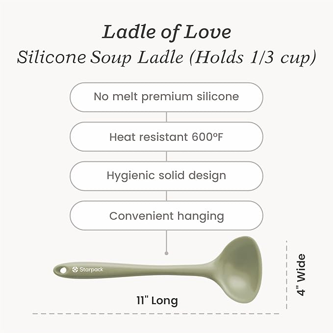Starpack 'Ladle of Love' Premium Silicone Ladle - High Heat Resistant to 600F - Non Stick Silicone Spoon for Serving - LFGB Grade Rubber