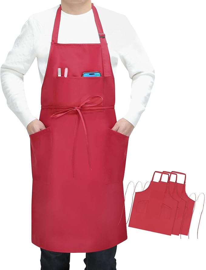 SHEOMERN 3 Pcs Dual Waterproof Oilproof Kitchen Chef Aprons with 4 Pockets for Men Women, Adjustable Soft Anti-Tear Cooking Bib Apron for Baking Grilling BBQ Painting Cleaning (Red)