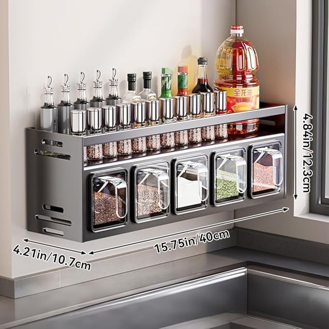 Kitchen Spice Rack Wall Mount Hanging Seasoning Box Over Stove Hanging Shelf Seasoning Jar Organizer for Sugar Salt Pepper (5 Box)