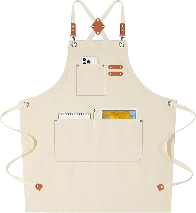 AFUN Chef Aprons for Women Men with Oversized Pockets, 12-Ounce Cotton Canvas Cross Back Water Repellent Apron (Cream)