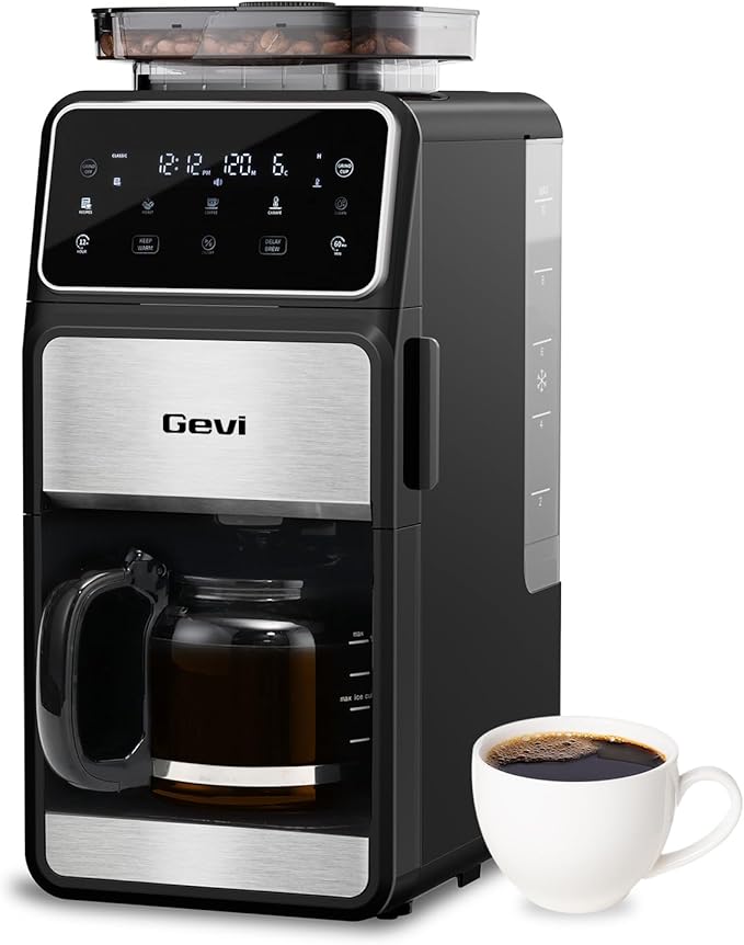Gevi Grind & Brew Coffee Maker 10 Cup, Built-In Burr Grinder Drip Coffee Machine, Programmable Touch Screen, 4-Hour Warm Plate, Permanent Filter & Glass Carafe