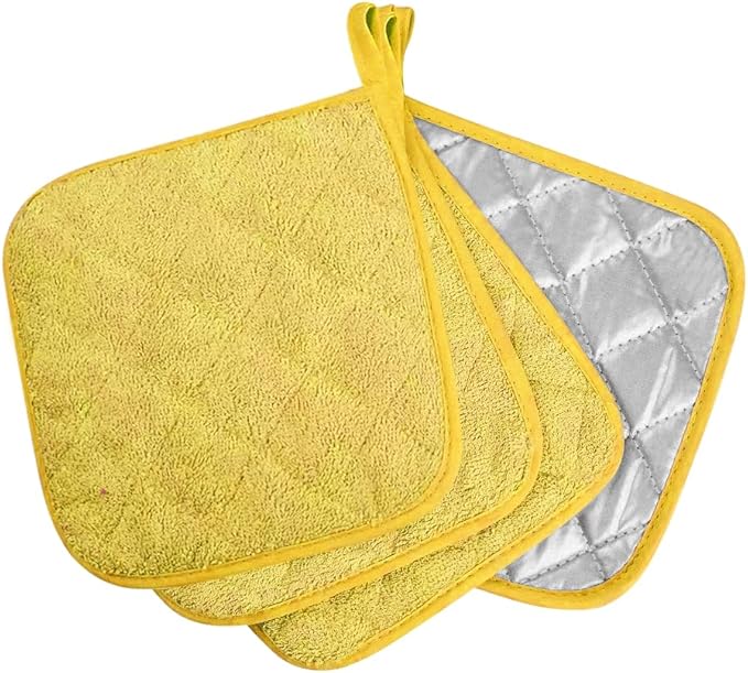 meioro 4-Pack Pot Holders for Kitchen High Heat Resistant Potholder, 100% Cotton Hot Pads, Quilted Terry Hot Pot Holder Set for Kitchens, Washable Trivet for Cooking and Baking 7x7 Inches (Yellow)